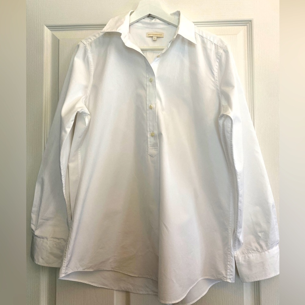 ANN MASHBURN Tomboy Popover Shirt in White Poplin in Size Large